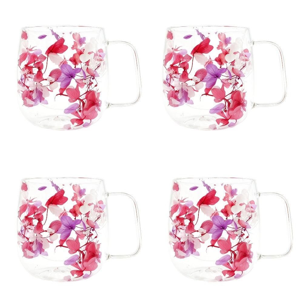 Double-Wall Glass Coffee Cup Set, Four-Piece Floral and Petal Design Mugs with Clear Handles for Tea and Lattes