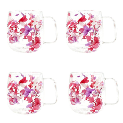 Double-Wall Glass Coffee Cup Set, Four-Piece Floral and Petal Design Mugs with Clear Handles for Tea and Lattes