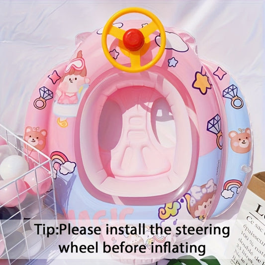 Pool Float Animal-Themed Seat Ring with Steering-Wheel Detail, Inflatable Backrest and Three Colors