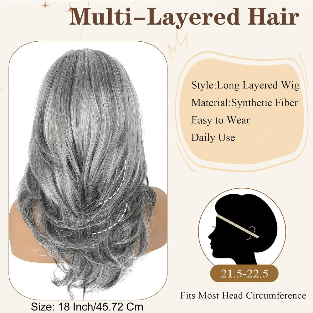 Synthetic Wig 18-Inch Layered Silvery Waves with Highlights in Two Colors and Rose Net Cap
