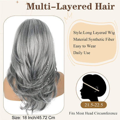 Synthetic Wig 18-Inch Layered Silvery Waves with Highlights in Two Colors and Rose Net Cap