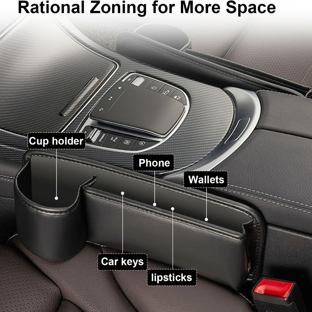 Car Seat Gap Organizer with Cup Holder – Adjustable PU Leather Side Seat Storage Box for Phone, Keys, Glasses & Cards | Multi-Functional Car Interior Organizer (2-Pack, Black)