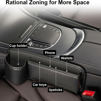 Car Seat Gap Organizer with Cup Holder – Adjustable PU Leather Side Seat Storage Box for Phone, Keys, Glasses & Cards | Multi-Functional Car Interior Organizer (2-Pack, Black)