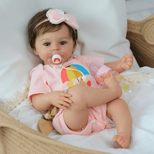 Reborn Doll, Soft-Body Sleeping Figure with Hand-Painted Details, Purple Bows and Floral Outfit