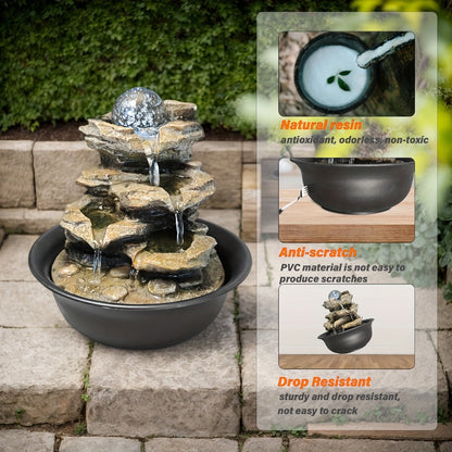Indoor Tabletop Fountain with LED Light, Rolling Crystal-Look Sphere and 8.3 x 7.9 x 7.9-Inch Stone-Look Waterfall Form