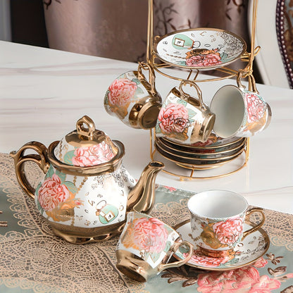 Twenty-Piece Floral Ceramic Tea Set with 15-Ounce Teapot, Six Cups, Saucers, Spoons and Metal Rack