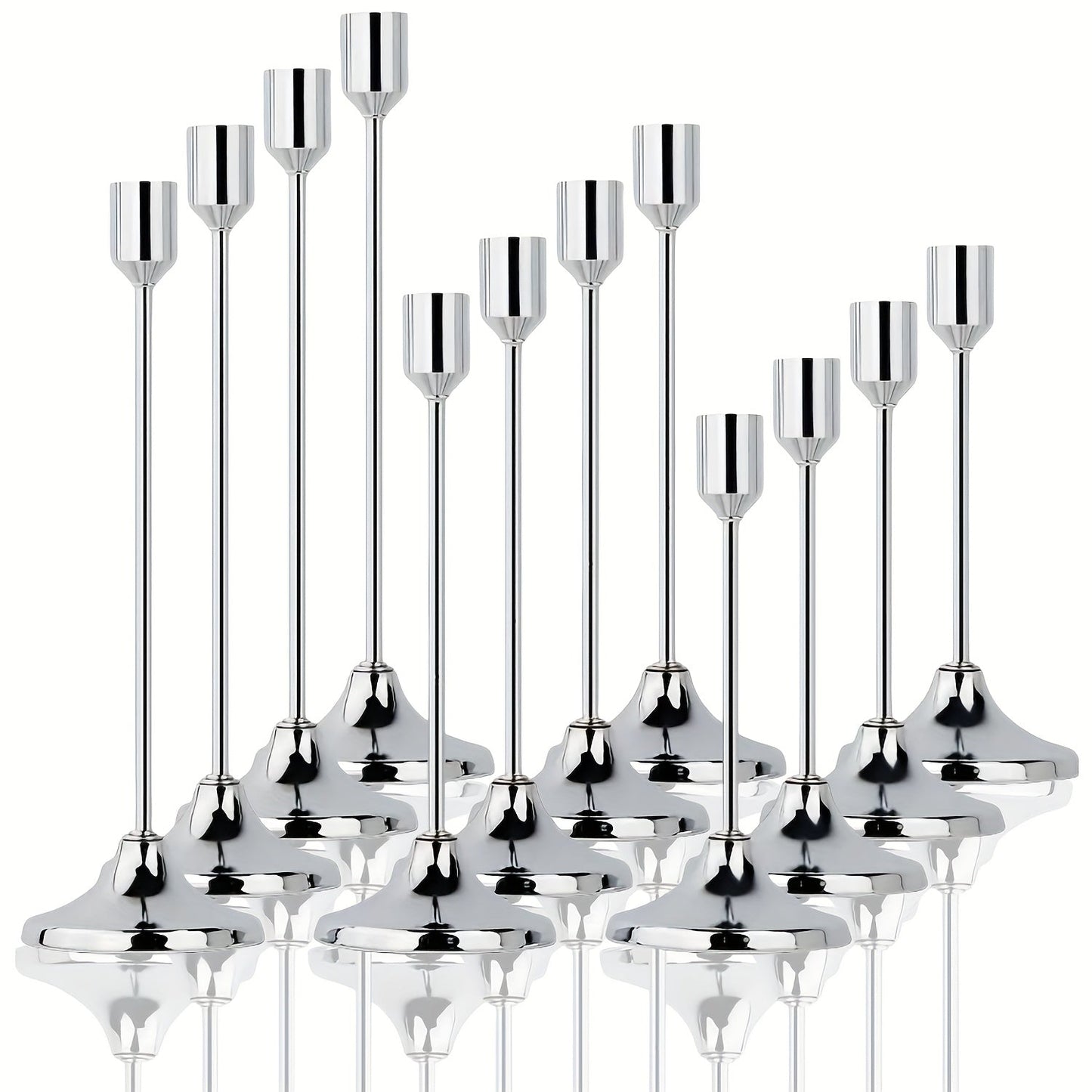 Candle Holder Set 12-Piece Metal Taper Stands in Three Heights with Gold, Silver or Black Finish Options