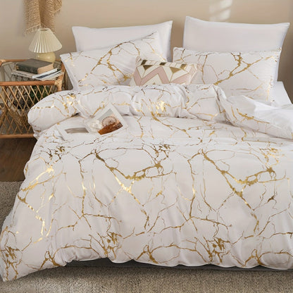 3-Piece Duvet Cover Set with Bronzed-Look Marble Vein Print in White, Khaki or Black and Four Sizes