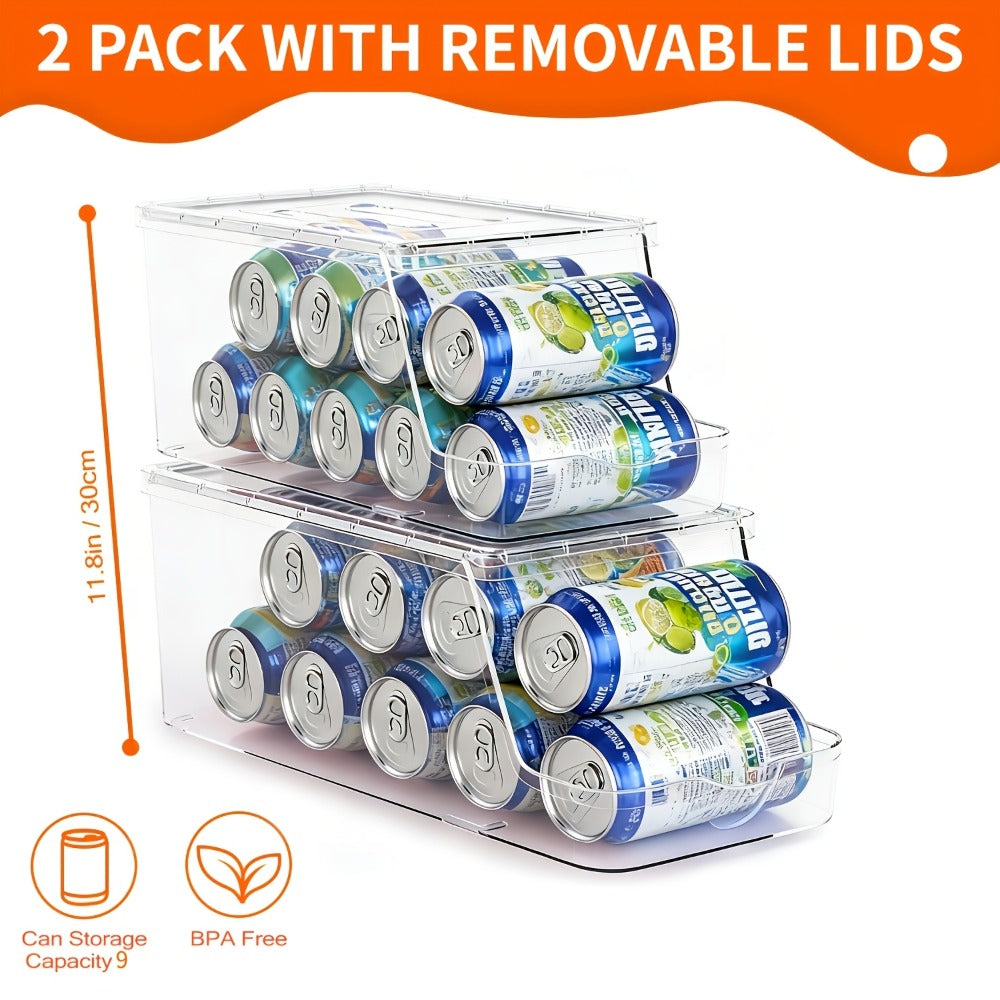 Soda Can Organizer for Refrigerator Stackable | Can Holder Dispenser with Lid for Fridge, Pantry & Freezer – Holds 9 Cans Each, BPA-Free Clear Design, 1 or 2 Pack