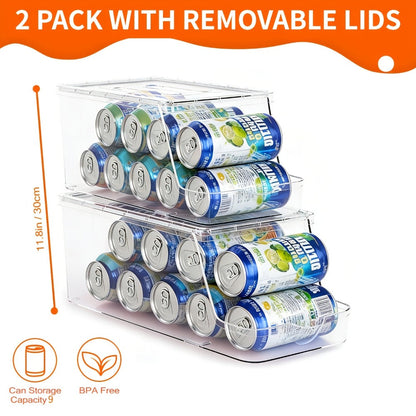 Soda Can Organizer for Refrigerator Stackable | Can Holder Dispenser with Lid for Fridge, Pantry & Freezer – Holds 9 Cans Each, BPA-Free Clear Design, 1 or 2 Pack