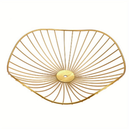 Three-Tier Golden Metal Wire Fruit Basket Stand with Lotus-Leaf Bowls, 46.5 cm Wide Countertop Design