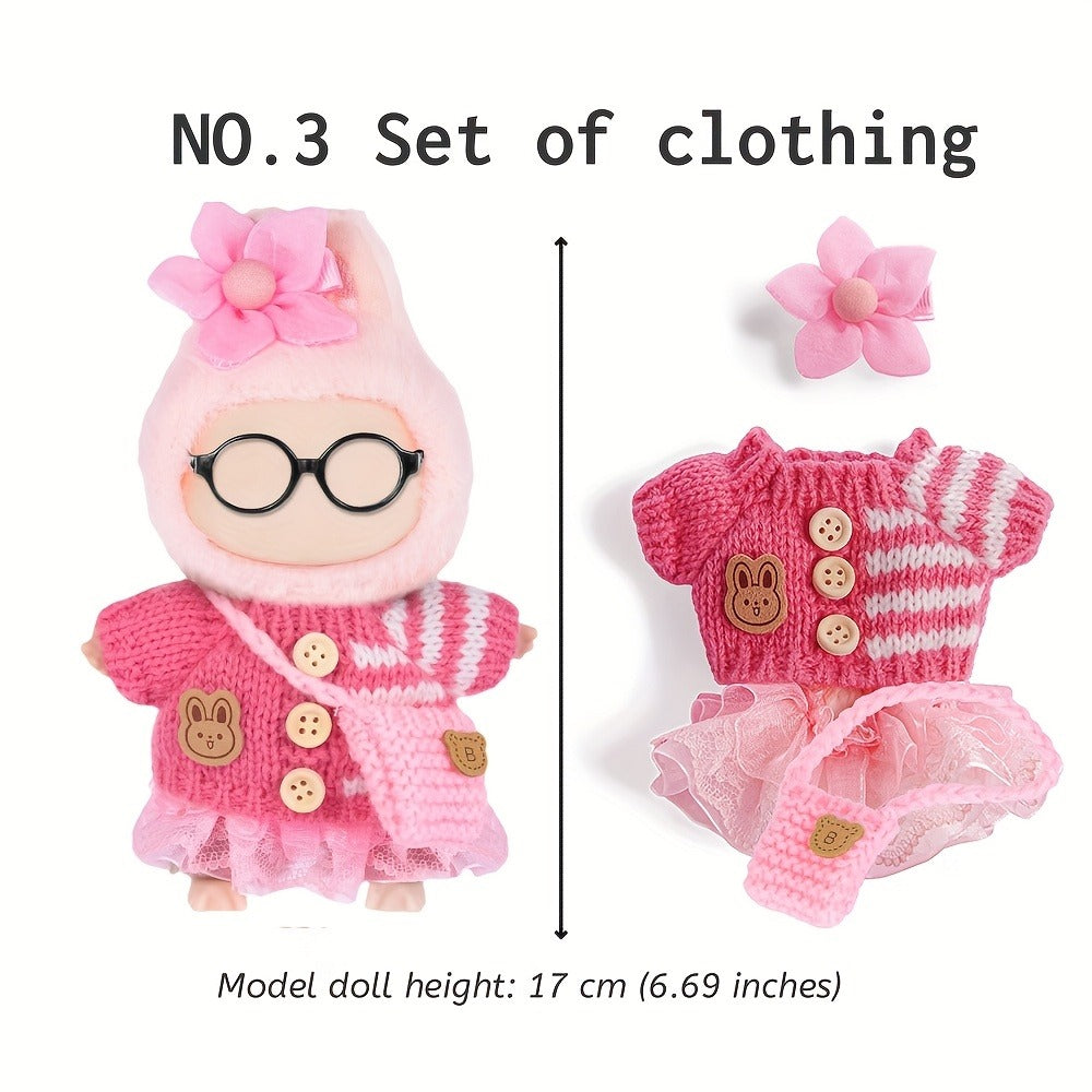 Three-Set Doll Clothes Collection for 17cm Plush Dolls with Knit Tops, Tulle Skirts, Hair Accents and Bags
