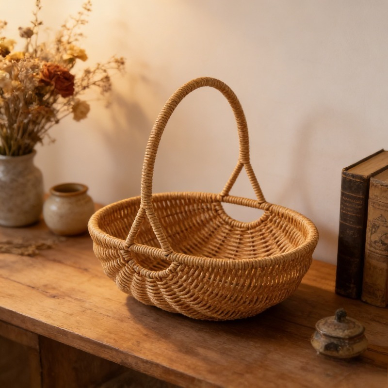 Wicker Storage Basket with Handle - Handwoven Rattan Organizer Bin, Multipurpose Farmhouse Basket for Kitchen Pantry Bathroom Shelf Home Decor
