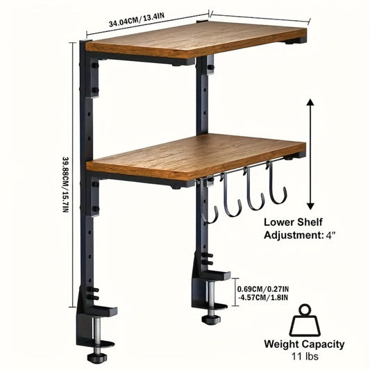 2-Tier Desktop Storage Shelf – Heavy-Duty Carbon Steel Desk Organizer, Adjustable Space-Saving Rack with Rustic Brown Finish, No Tools Needed, for Home Office Desk Workshop Workspace