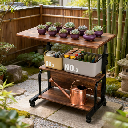 Two-Tier Mobile Garden Work Table with Wood-Look Top, Metal Frame, Storage Shelf and Locking Casters