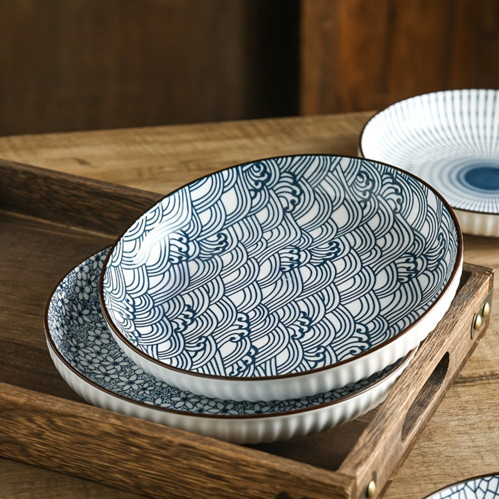 Blue White Ceramic Plates Set of 4 Round Shallow Serving Plates for Pasta Salad Bread for Entryways, Bedrooms and Living Spaces