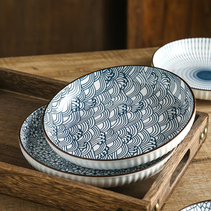 Blue White Ceramic Plates Set of 4 Round Shallow Serving Plates for Pasta Salad Bread for Entryways, Bedrooms and Living Spaces
