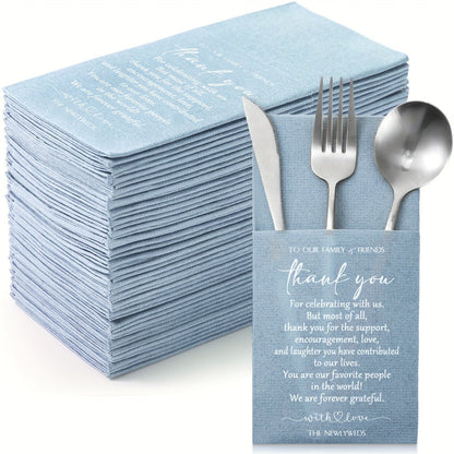100-Piece Haze Blue Wedding Cocktail Napkin Set with Utensil Pockets for Receptions and Showers