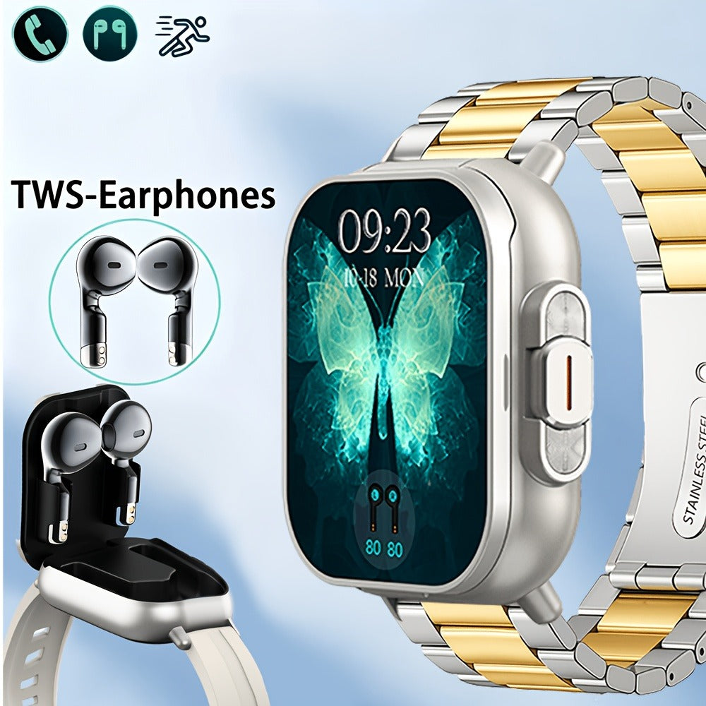 Smart Watch and TWS Earbuds Combo with Integrated Charging Case and Ten Metal Strap Selections