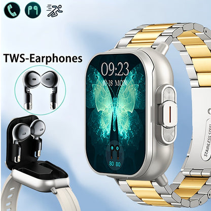 Smart Watch and TWS Earbuds Combo with Integrated Charging Case and Ten Metal Strap Selections
