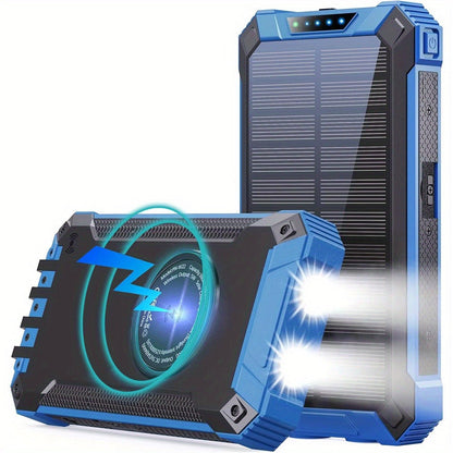 42800mAh Solar Power Bank Wireless Charging with 4 Built-In Cables – 6 Output Ports 15W Fast Charge Dual LED Flashlight Portable Battery Pack for iPhone Samsung Android Camping Travel Emergency