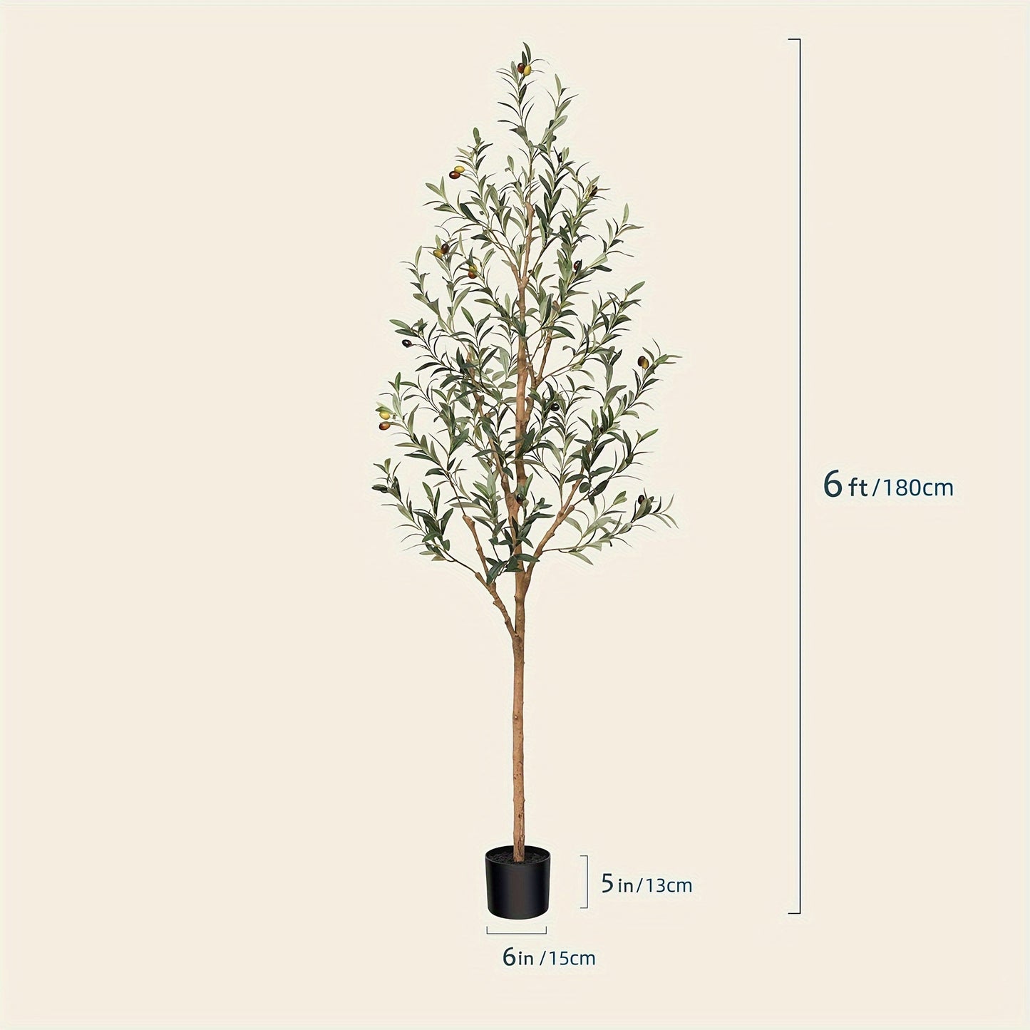 Slender Potted Olive Artificial Tree with Complete 4, 5, 6 and 7 ft Height Options and Faux Fruit Detail