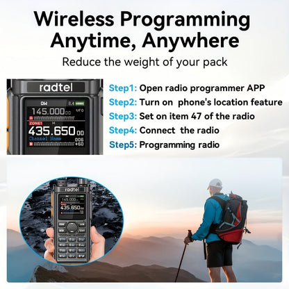 Tri-Band Ham Radio Handheld Walkie Talkie Radtel RT-910B, 6M VHF UHF Air Band Two-Way Radio, APP Programming