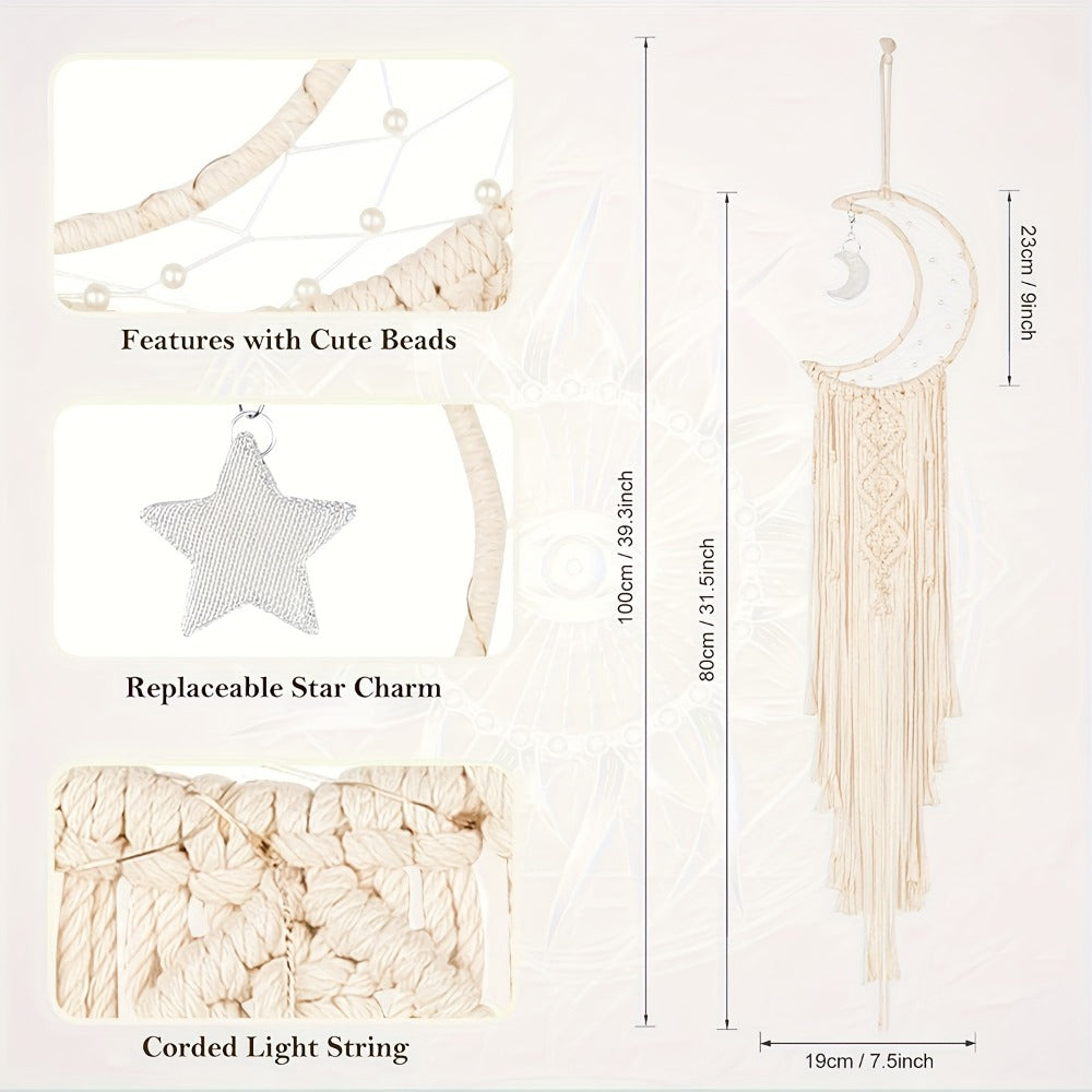 Woven Dream Catcher Wall Decor, Four-Piece Set with Cream Moon, Star and Ring Forms plus Tassels