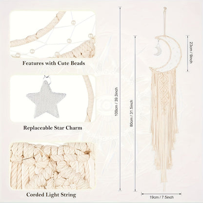 Woven Dream Catcher Wall Decor, Four-Piece Set with Cream Moon, Star and Ring Forms plus Tassels