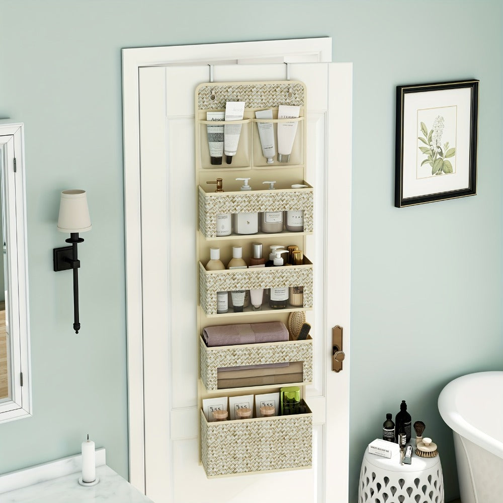 2-Pack Over-The-Door Hanging Organizer with 5 Shelves & 4 Clear Pockets – Beige Rattan Storage Rack for Closet, Bedroom & Bathroom