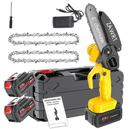 Electric Mini Chainsaw 6-Inch with Debris Guard & Toolbox - Cordless Handheld Pruning Saw with Safety Lock, Rechargeable Battery & Alloy Chain for Tree Pruning, Branch Cutting & Garden Use