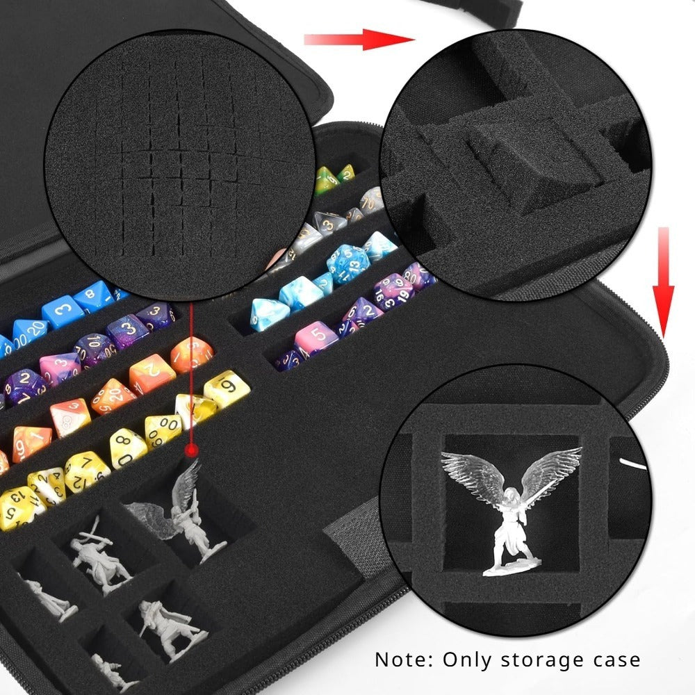 Black Dice Rolling Tray and Storage Case with Dedicated Polyhedral Slots, Carry Handle and Zipper Closure