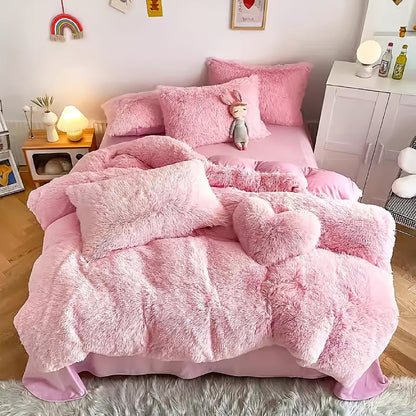 Plush Faux Fur Duvet Cover Set with Heart Pillow, Corner Ties and Twin, Queen or King Sizes in Eight Colors