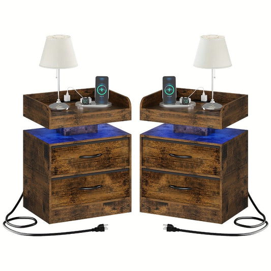 Wooden Nightstand with LED Ambient Light & Charging Station – Fabric Drawer, Blue Glow, Modern Bedside Table for Bedroom Living Room End Table, Black or White (Single or 2-Pack)