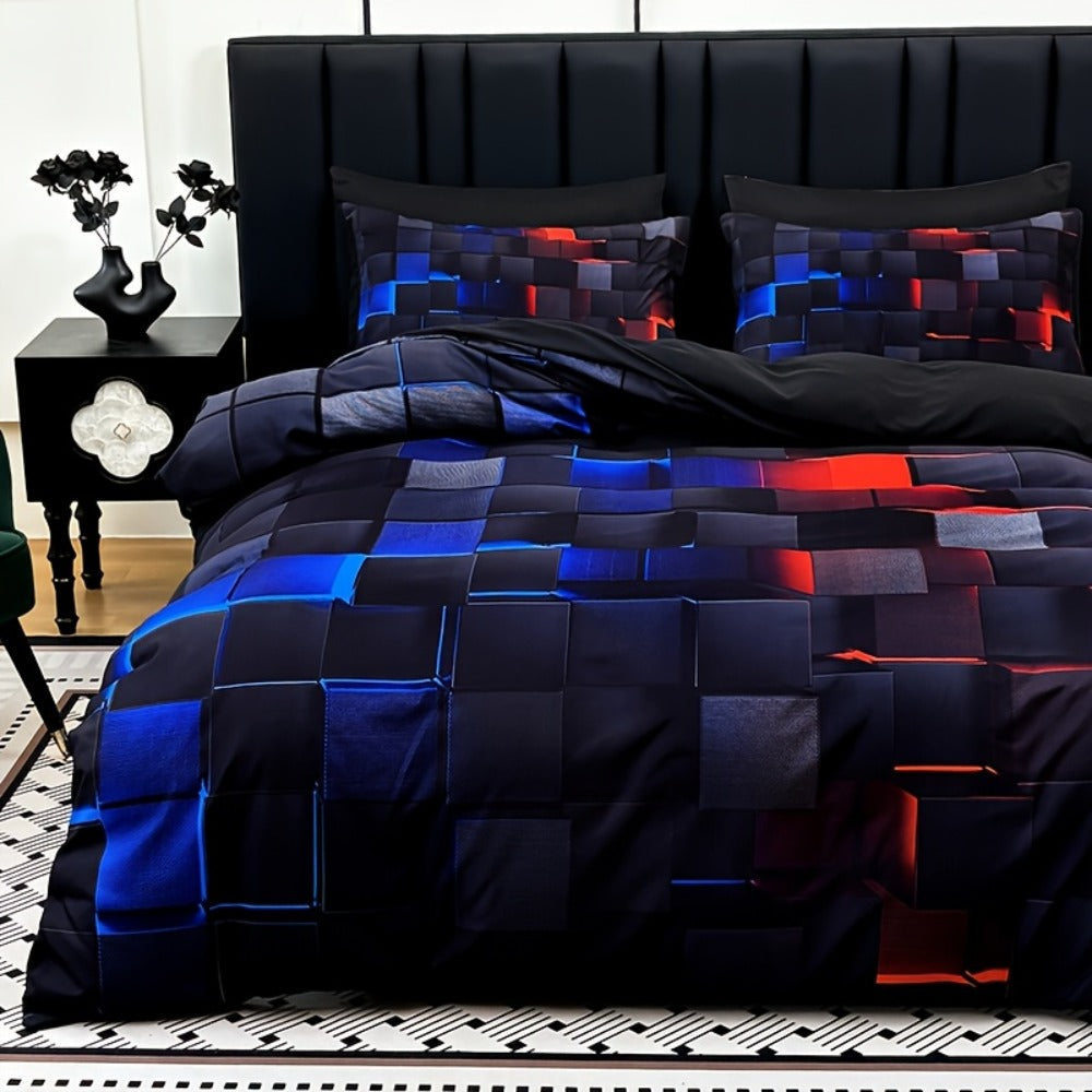 Three-Piece Plaid Duvet Cover Set with Two Pillowcases in Five Colors and Four Bed Sizes for Home and Everyday Use
