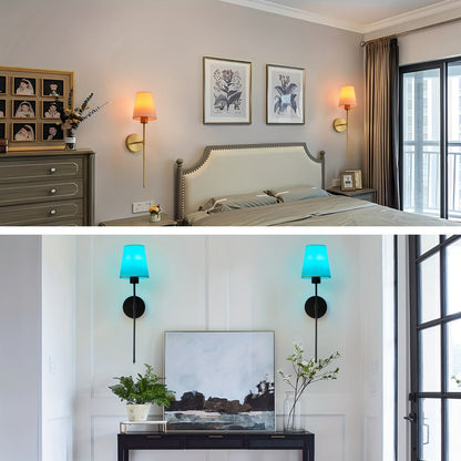 Rechargeable Two-Piece Wall Sconce Set with Fabric Shades, 15-Color RGB Bulbs and Remote in Gold or Black