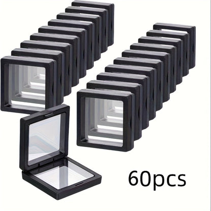 3D Floating Jewelry Display Box Bulk Set | Black Plastic Frame Clear Acrylic Panel Fabric-Lined Organizer for Jewelry Coins Collectibles – Secure Clasp Closure – 30 or 60 Pieces