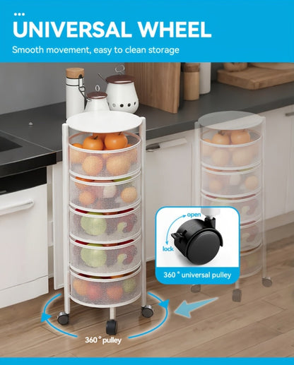 Round-Basket Rolling Storage Rack with Four or Five Mesh Levels, Caster Base and Black or White Finish