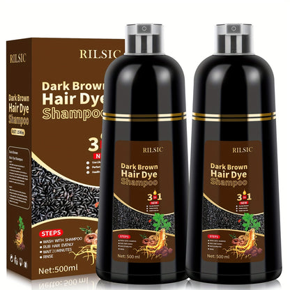Herbal Hair Dye Shampoo 3-in-1 with Plant Squalene 2pcs 16.91oz — Instant Gray Hair Coverage, Natural Color in Minutes, Brown Dark Brown & Black, Unisex Men & Women
