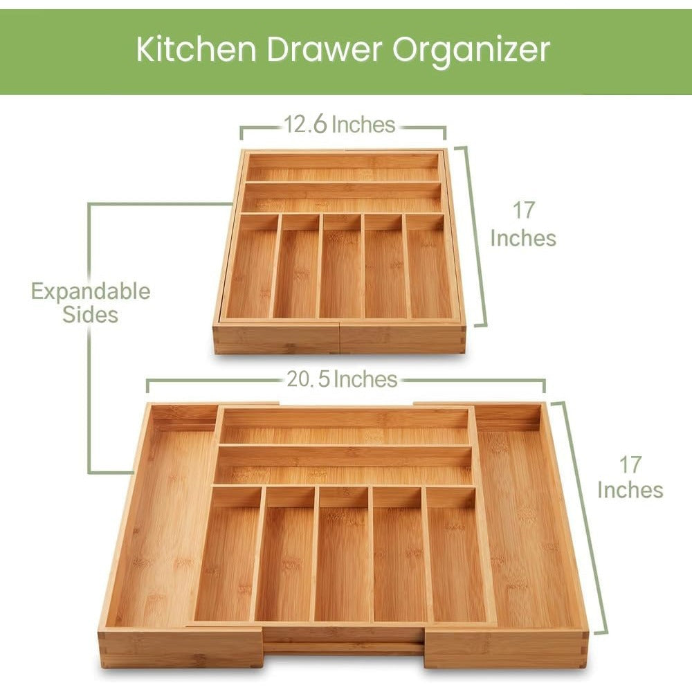 Expandable Bamboo Drawer Organizer with Nine Compartments for Flatware, Utensils and Desk Supplies