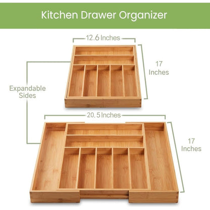Expandable Bamboo Drawer Organizer with Nine Compartments for Flatware, Utensils and Desk Supplies