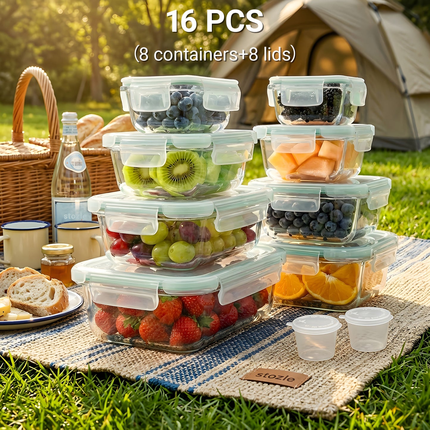Food Storage Container 16-Piece Glass Set with Eight Containers, Vented Lids and Silicone Sealing Rings