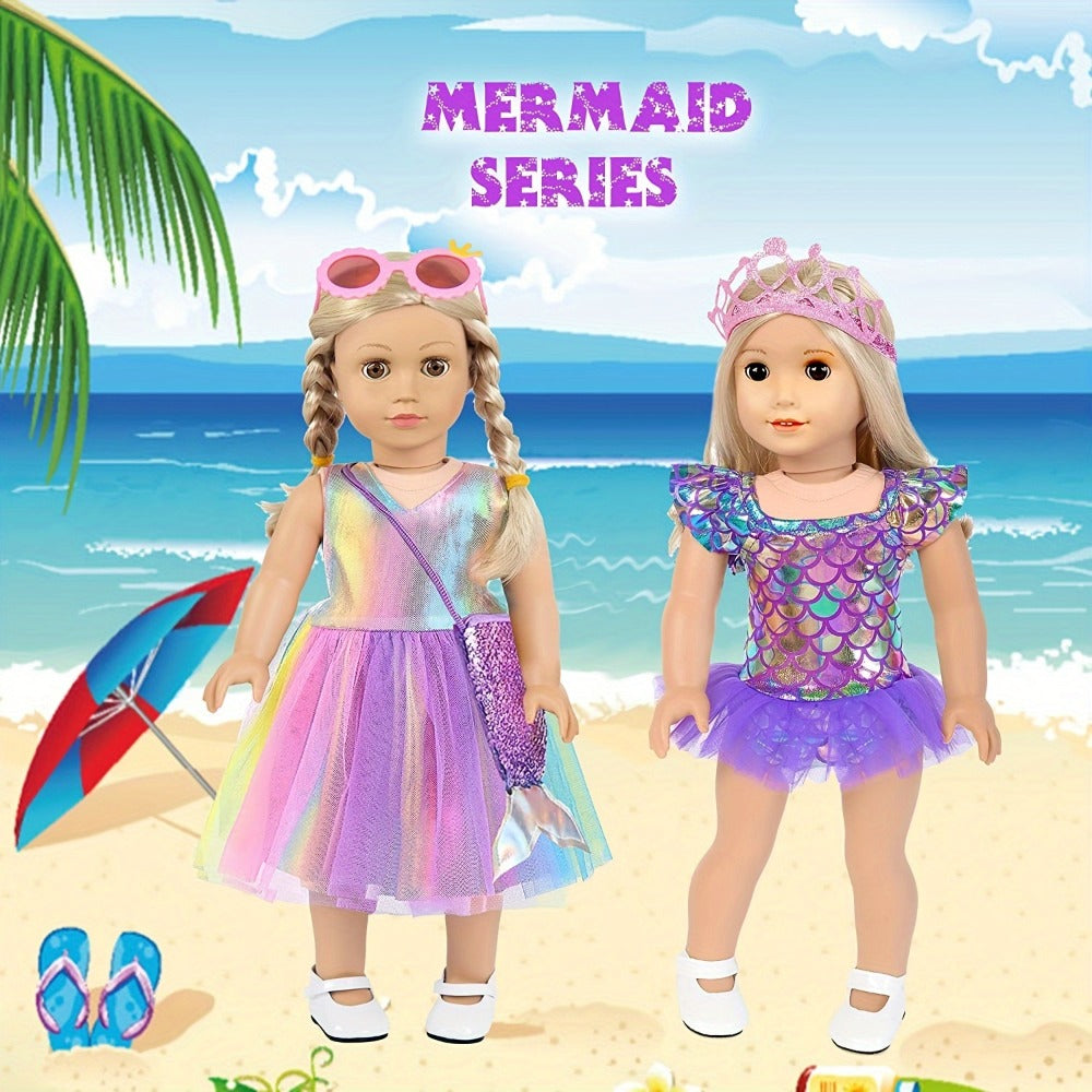 Twenty-Piece Mermaid Travel Accessory Set for 18-Inch Dolls with Purple Suitcase, Skirts and Crown