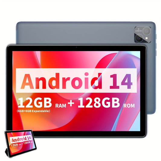VASOUN 10.1 Inch Android 14 Tablet with Case | 12GB RAM 128GB ROM, 8000mAh Battery, Octa-Core T606, SIM Card Slots, Dual Camera, IPS HD Display, Wi-Fi, Phone Tablet PC for Home Travel Work