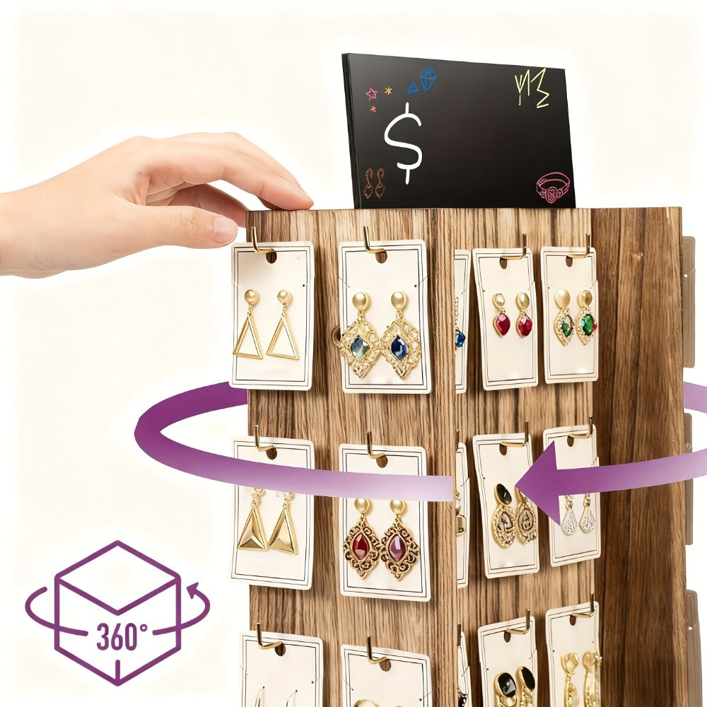 Jewelry Organizer Rotating White Display Tower with 40 Hooks and Top Sign Panel for Countertop Use