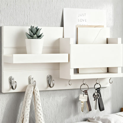 Wall Mounted Storage Rack with Mail Slot – Rustic Wood Floating Shelf with Hooks for Keys, Hats & Envelopes, Decorative Organizer for Entryway, Porch, Bedroom, Bathroom & Living Room