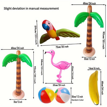 Hawaiian Luau Inflatable Decoration Set with Two Palm Trees, Two Flamingos, Four Beach Balls, Parrot and Banana