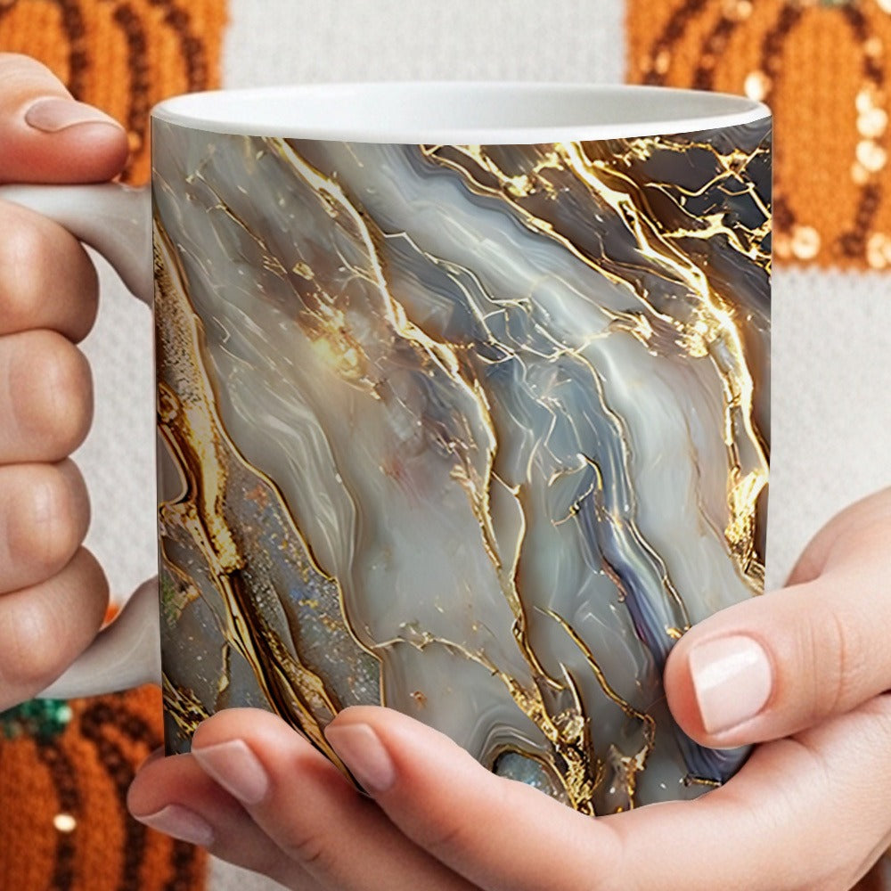 11oz Ceramic Coffee Mug with Agate Vein Print, Black Interior and Black, White or Pink Handle Options