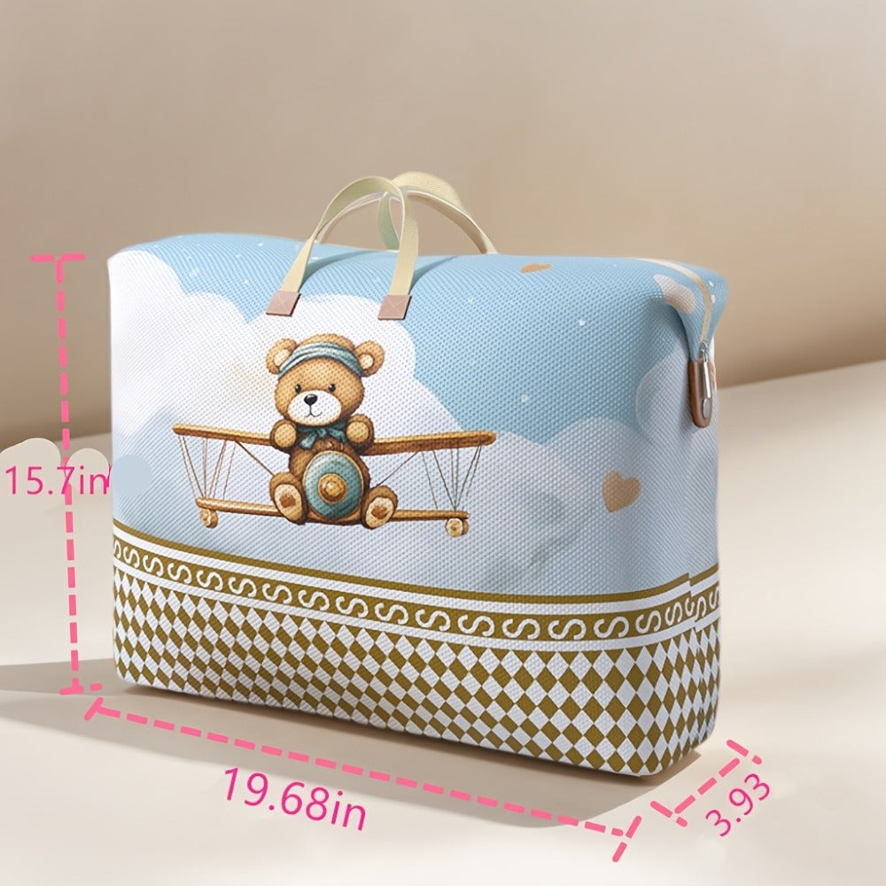 Large Zippered Bedding Storage Bag with Airplane Bear Print, Carry Handles and Exact One-Piece Size Option