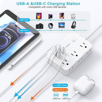 Flat Plug Extension Cord Surge Protector 10-in-1 with 6 AC Outlets 2 USB-C 2 USB-A Ports 5ft Ultra Thin Power Strip 5V/3.1A Wall Mount Charging Station for Home Office Dorm – Black & White